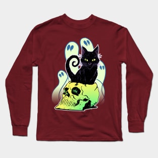 Skull Cat with Ghosts Long Sleeve T-Shirt